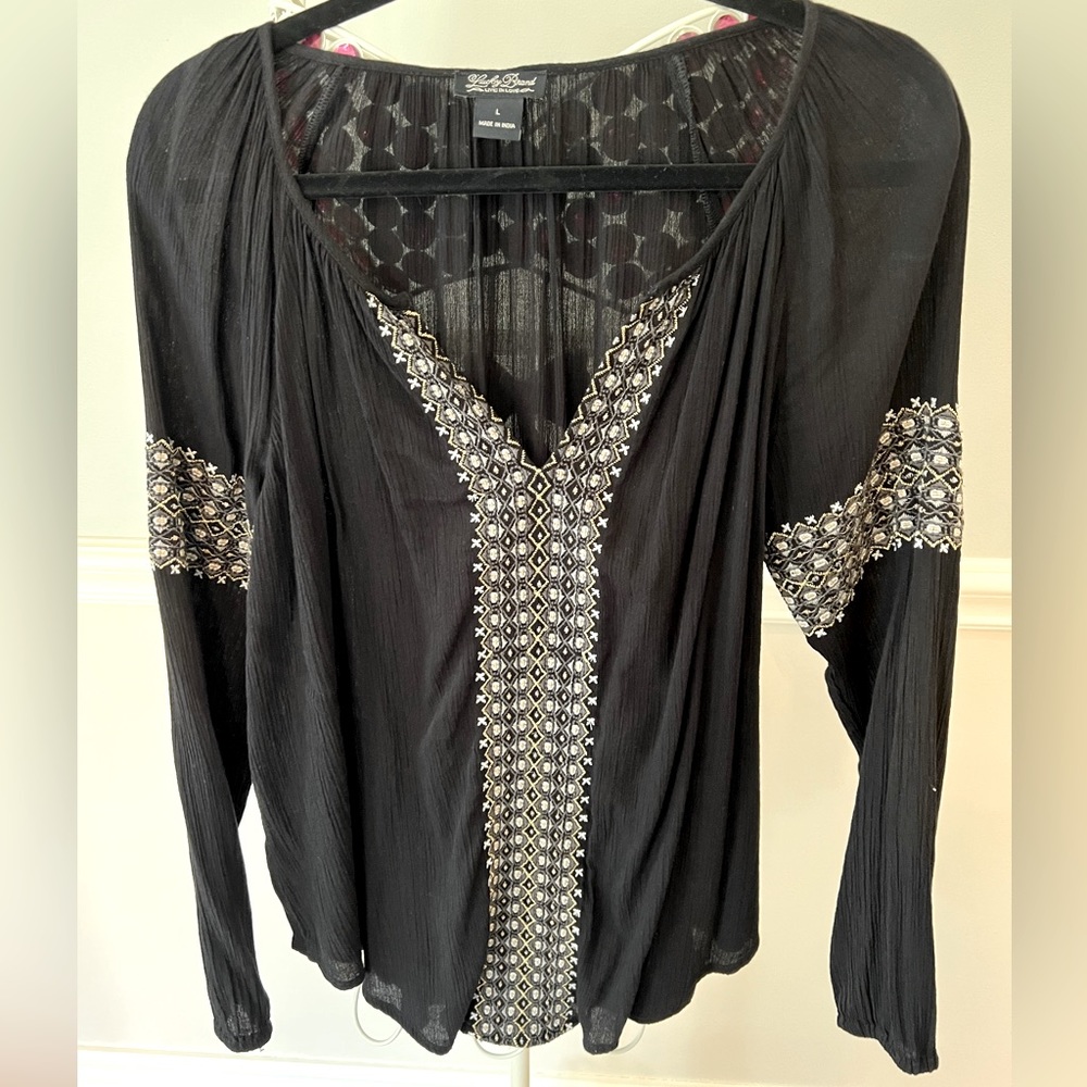 Lucky Brand Long Sleeve Embroidered Blouse.  Like New.  Size Large
